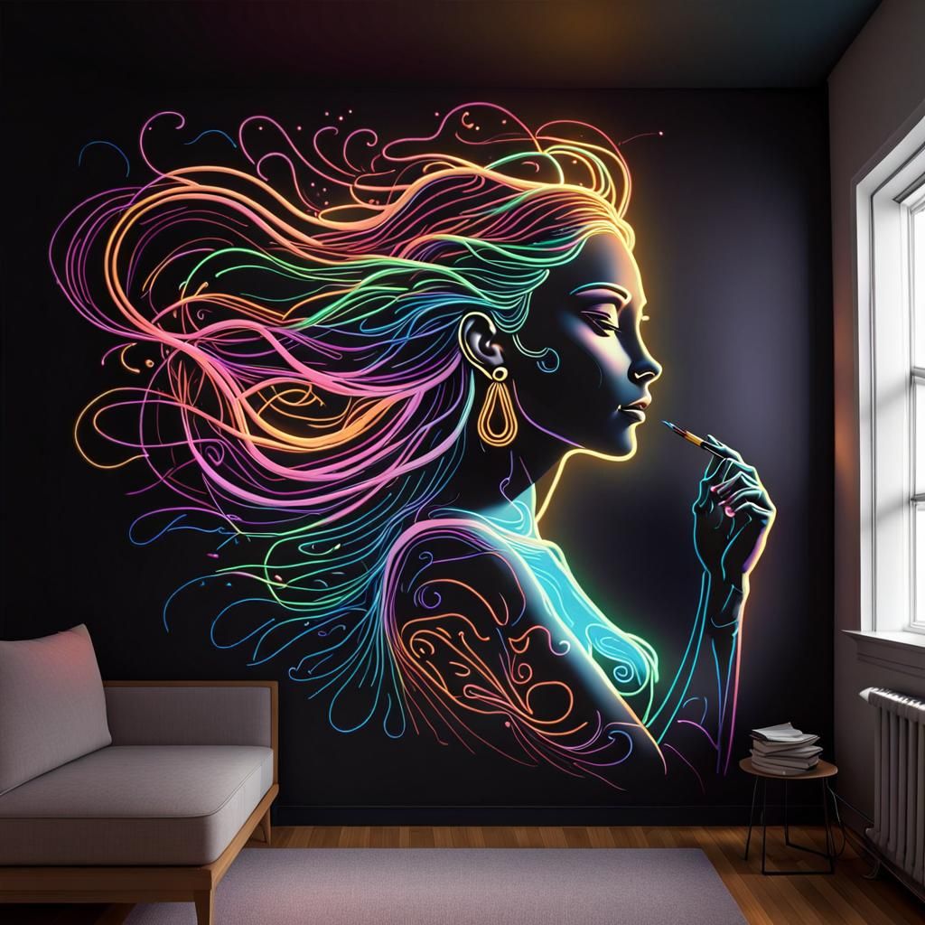 Neon Goddess Mural in Dreamy Surreal Style