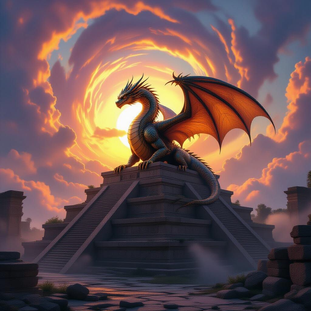 Ancient Brass Dragon on Ziggurat at Sunset