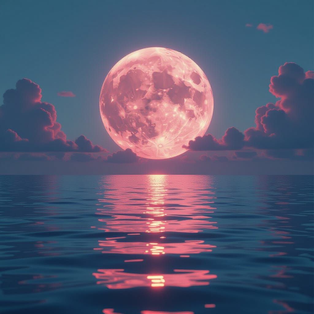 Pink Moon Rising Over Calm Ocean: Concept Art