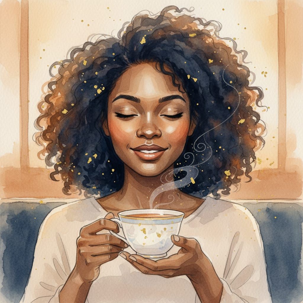 Cozy Watercolor Portrait of a Woman Holding a Teacup
