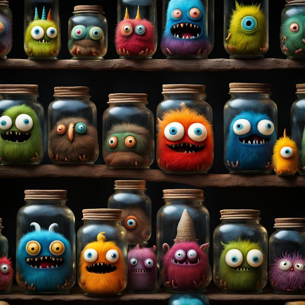 Cute Monsters in Jars: Whimsical Illustration