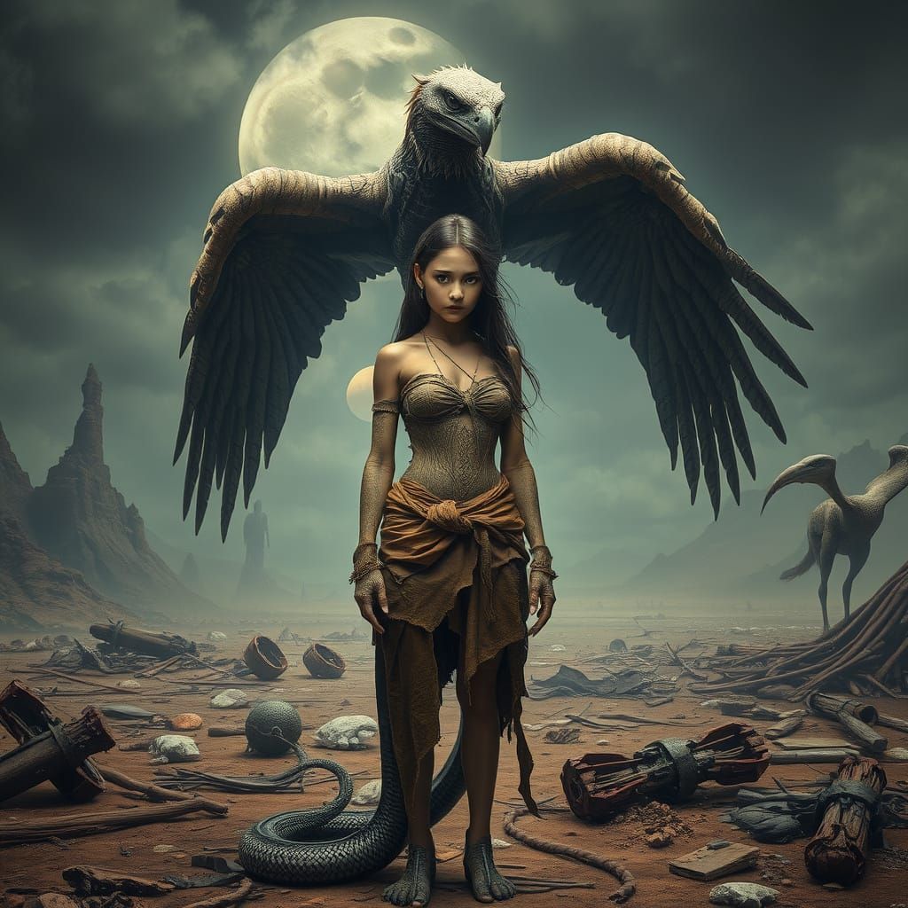 Reptilian Woman in Apocalyptic Landscape, Dark Biomechanical...