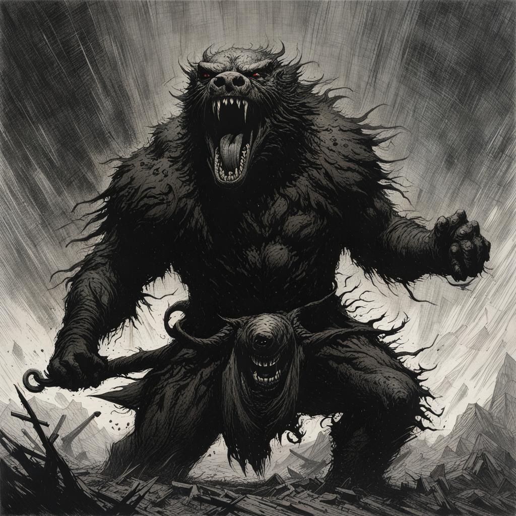 Grendel Screaming: Grimdark Art in Etching Style