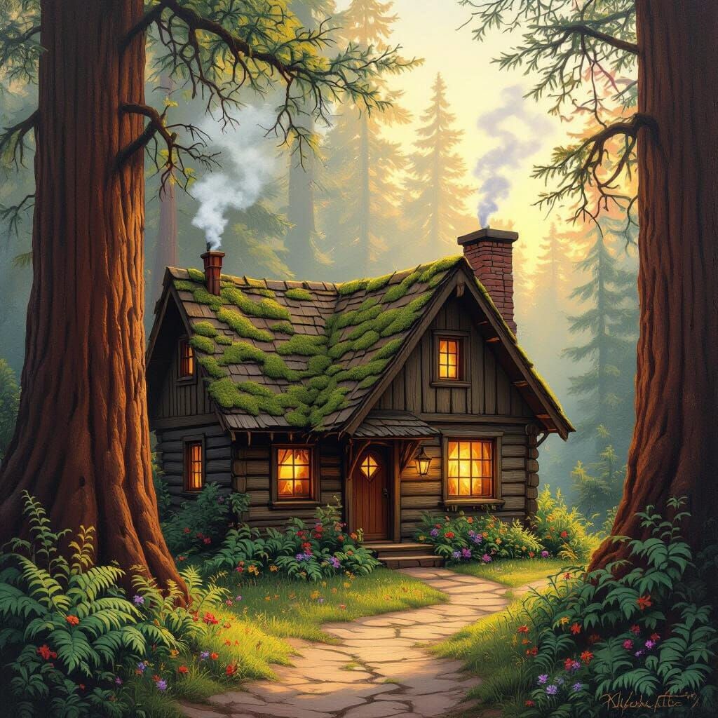A cozy, rustic cabin nestled deep within a vibrant redwood forest