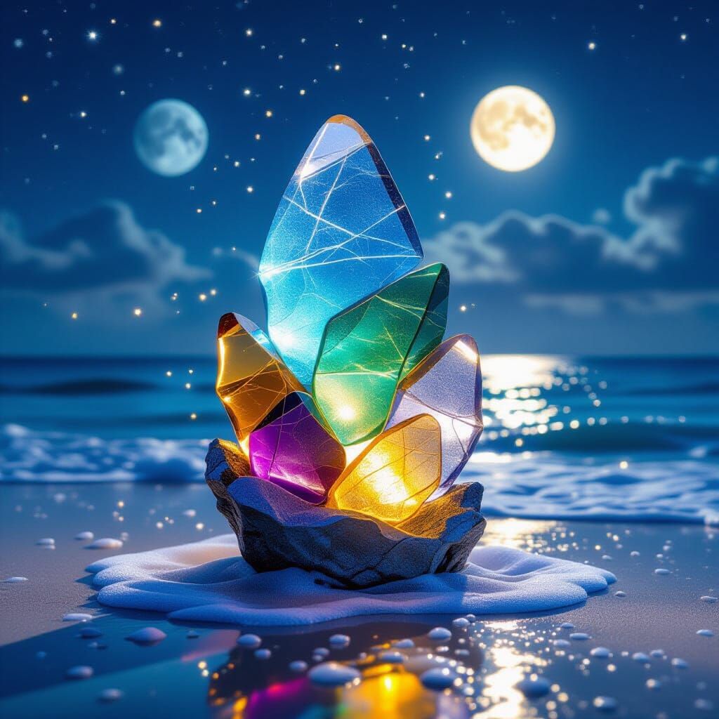 Sea Glass Sculpture on Moonlit Shore