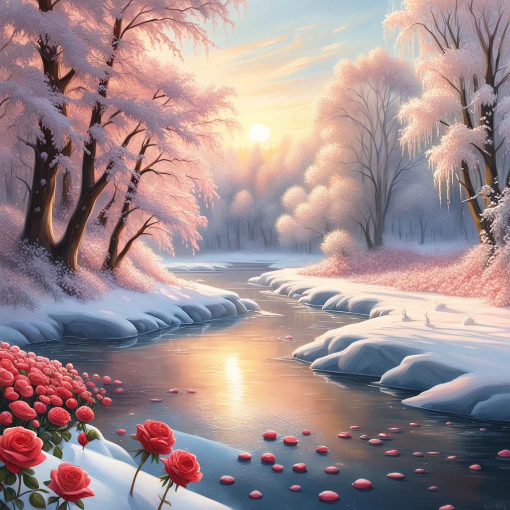 Snow Roses by Frozen River in Golden Light