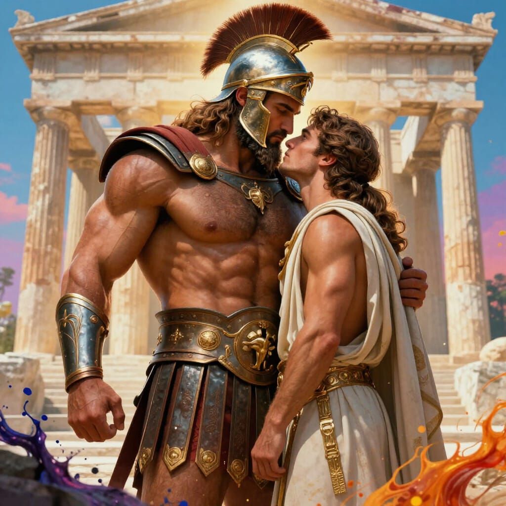 Greek Warrior God Embraces Lover in Temple