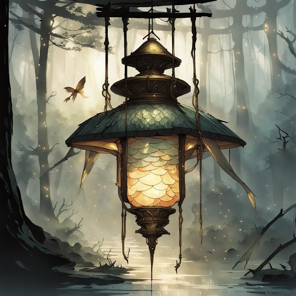 Ethereal Fish Lantern in Misty Forest, Concept Art