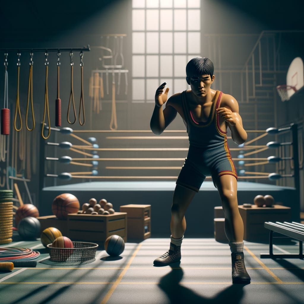 Young Wrestler Trains in Gymnasium