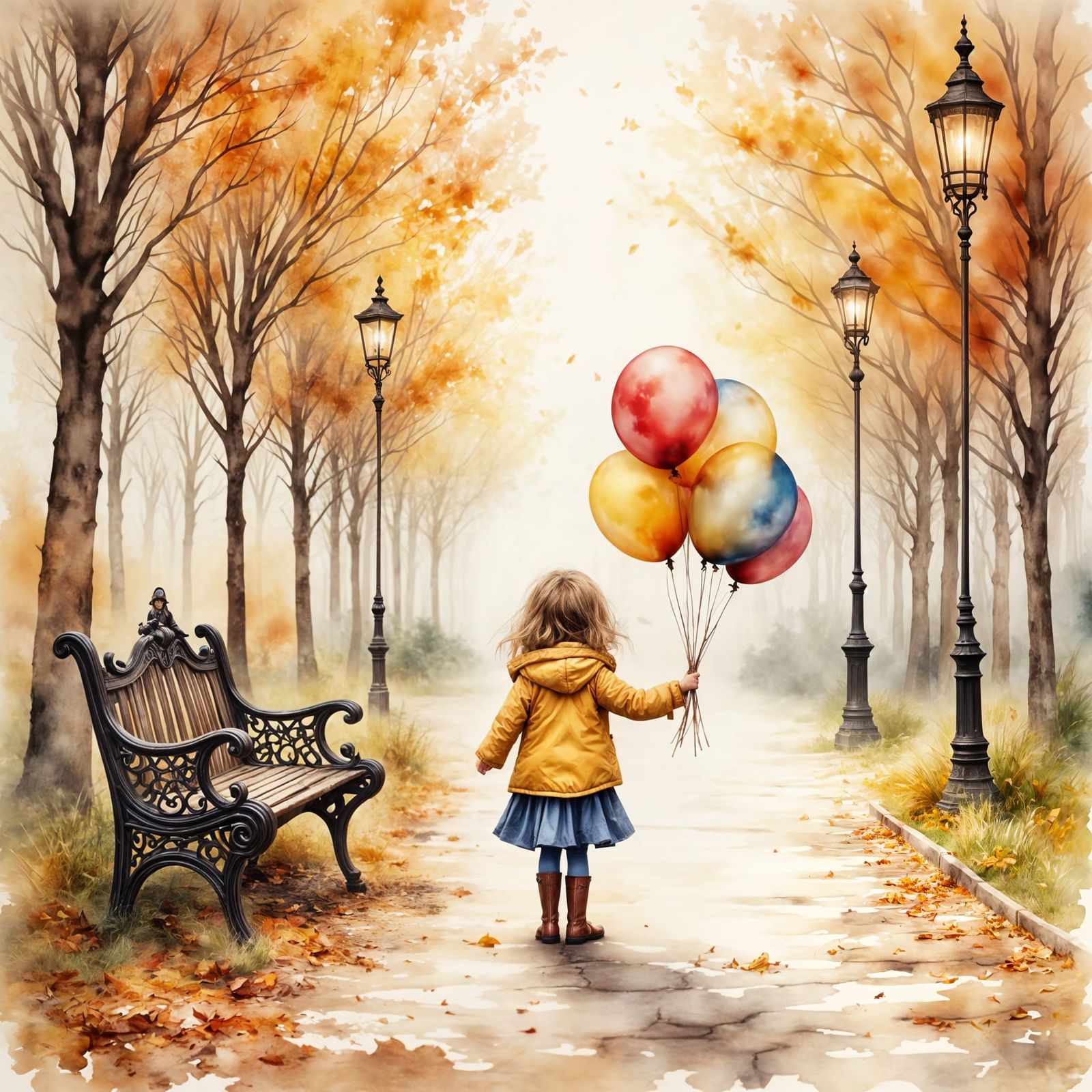 Whimsical Autumn Scene with Antique Watercolor Balloons