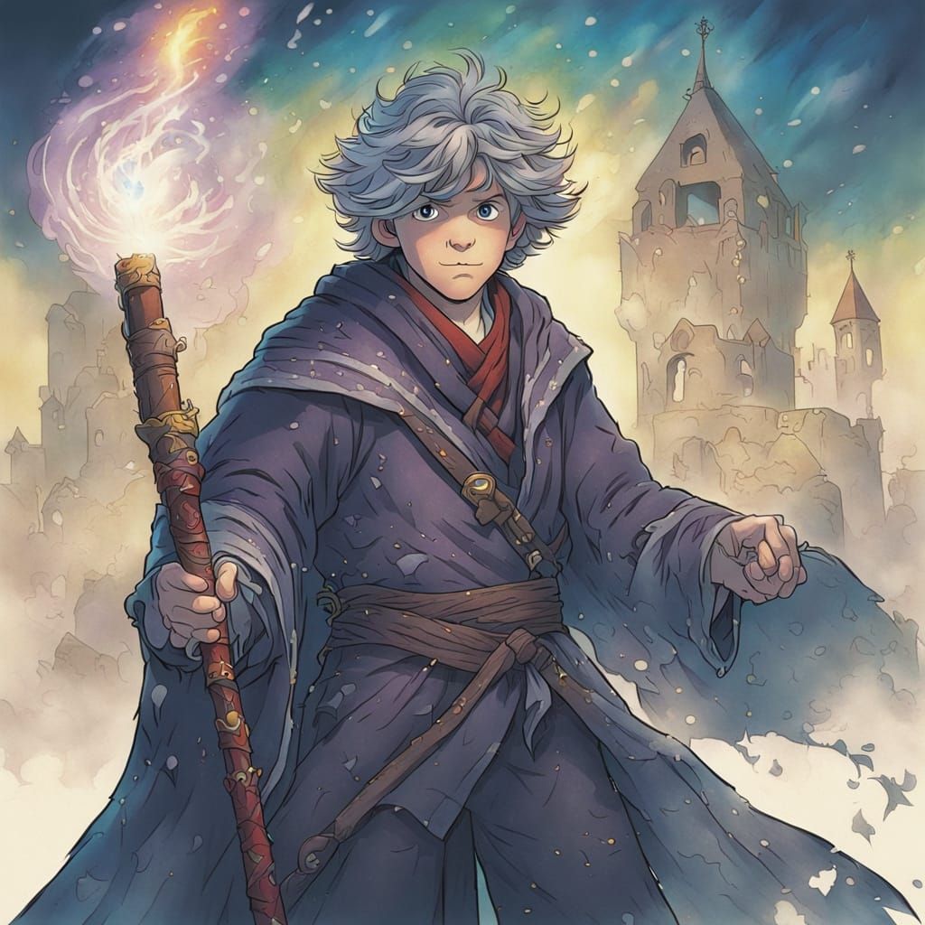 The Young Apprentice – A wide-eyed boy with messy hair and oversized robes holds his first wand, which sparks wildly in ...
