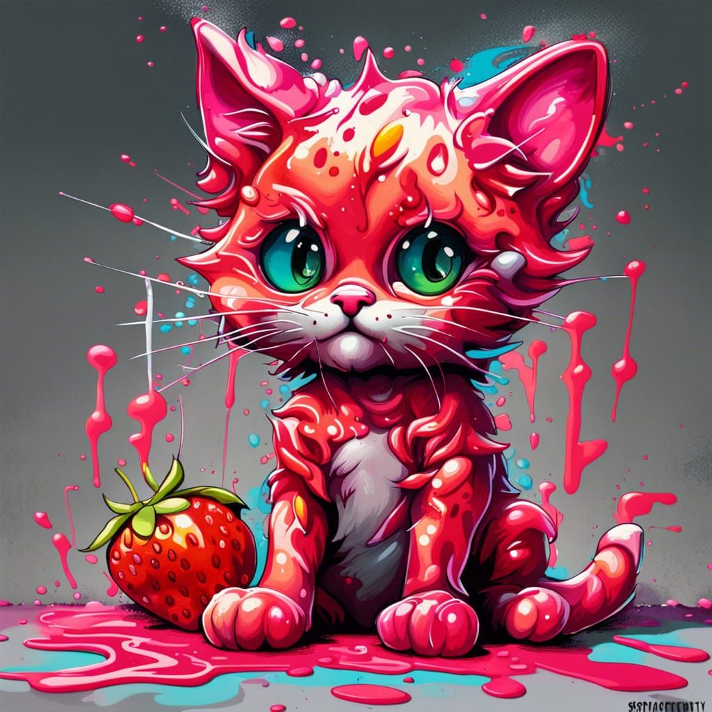 Colorful Graffiti Strawberry Kitten Splash Art