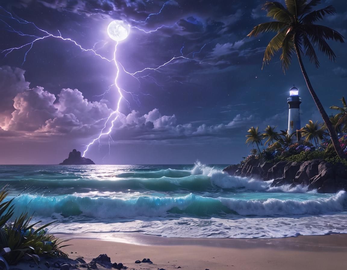 Lightning Strikes Beach: Hyperrealistic Splash Art