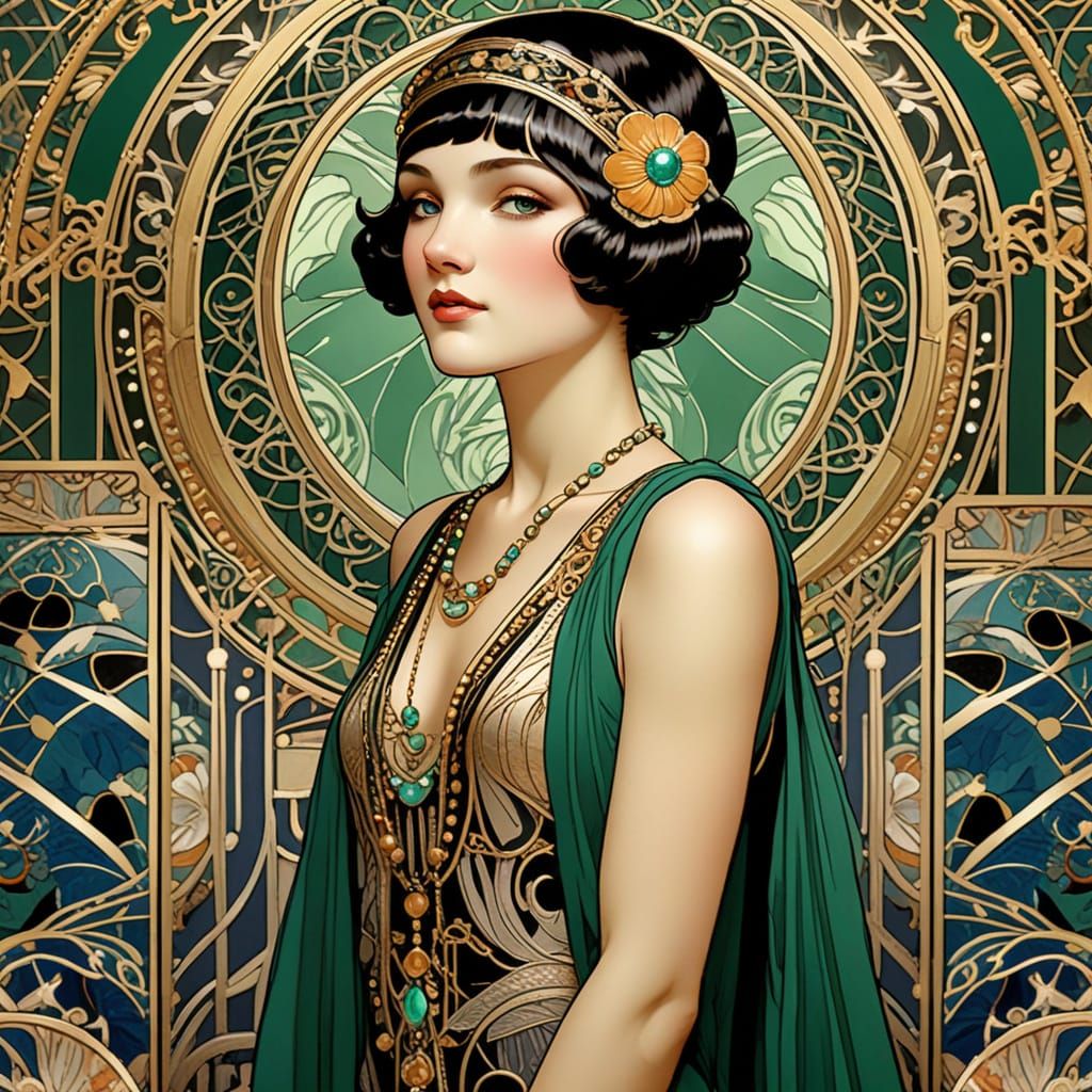 Art Nouveau Flapper with Emerald and Onyx