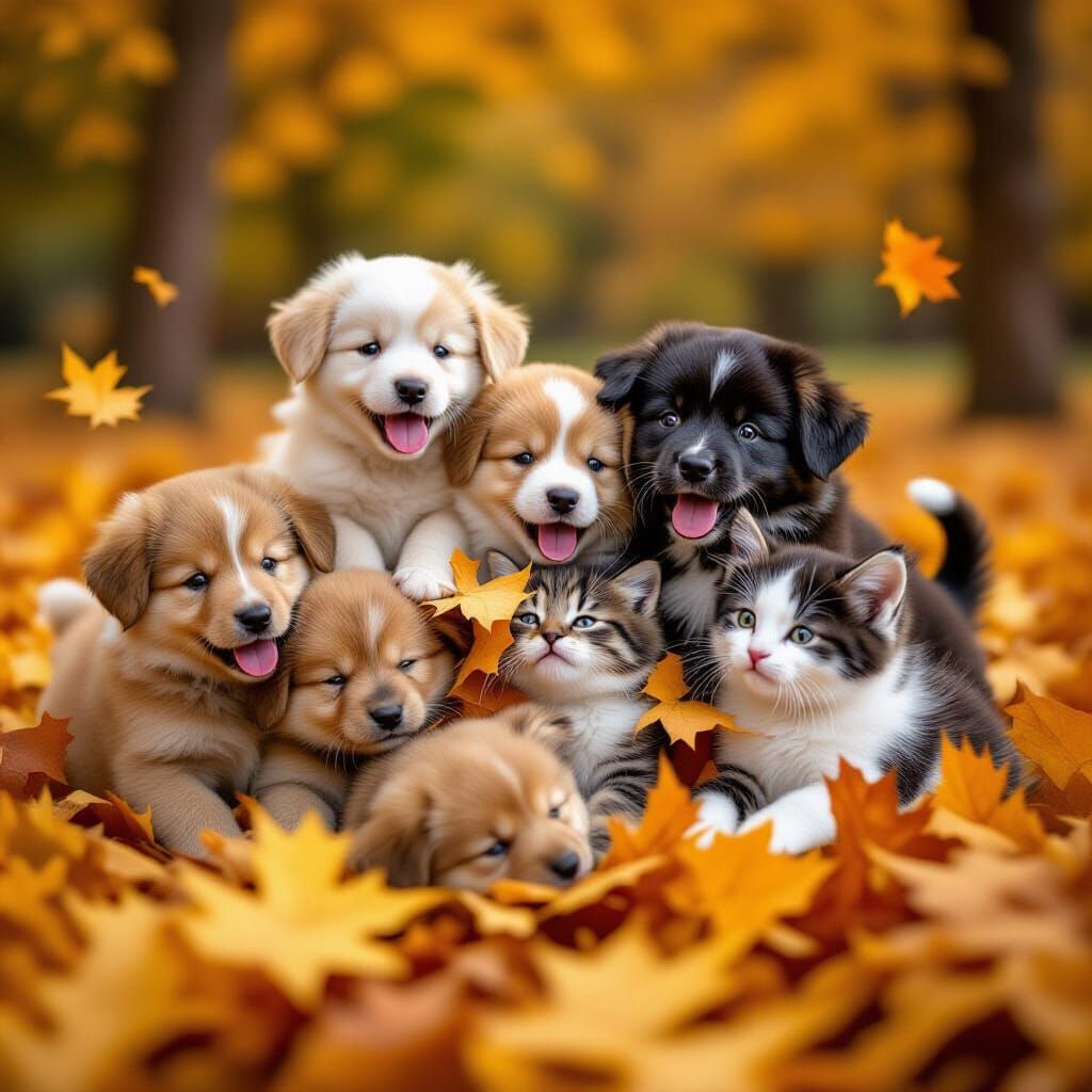Adorable Puppies and Kittens Play in Autumn Leaves