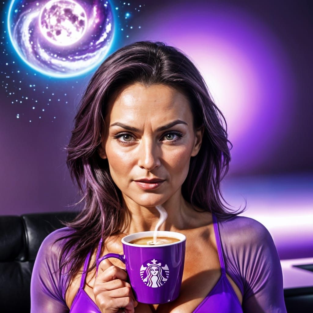 Dreamy Cosmic Beauty Sips Coffee