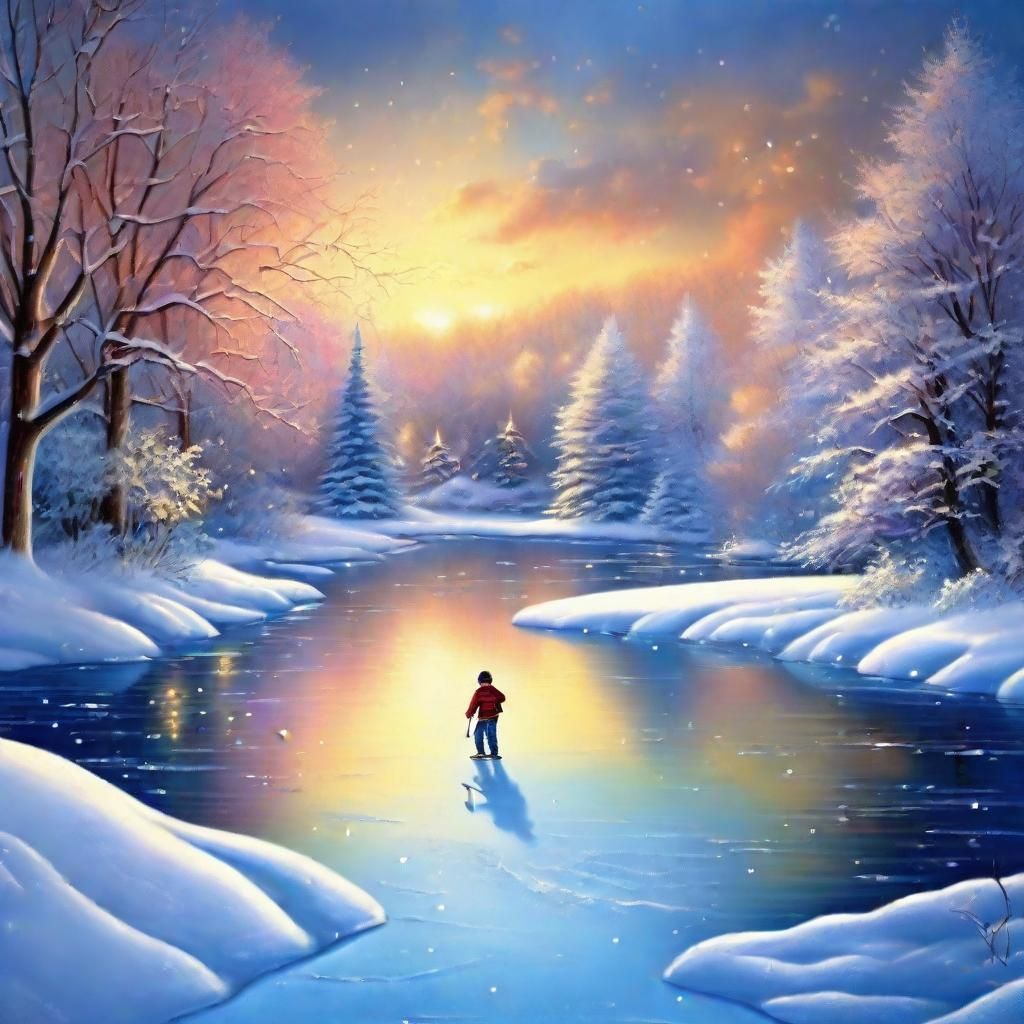 Whimsical Winter Wonderland: Children Skating on Frozen Pond