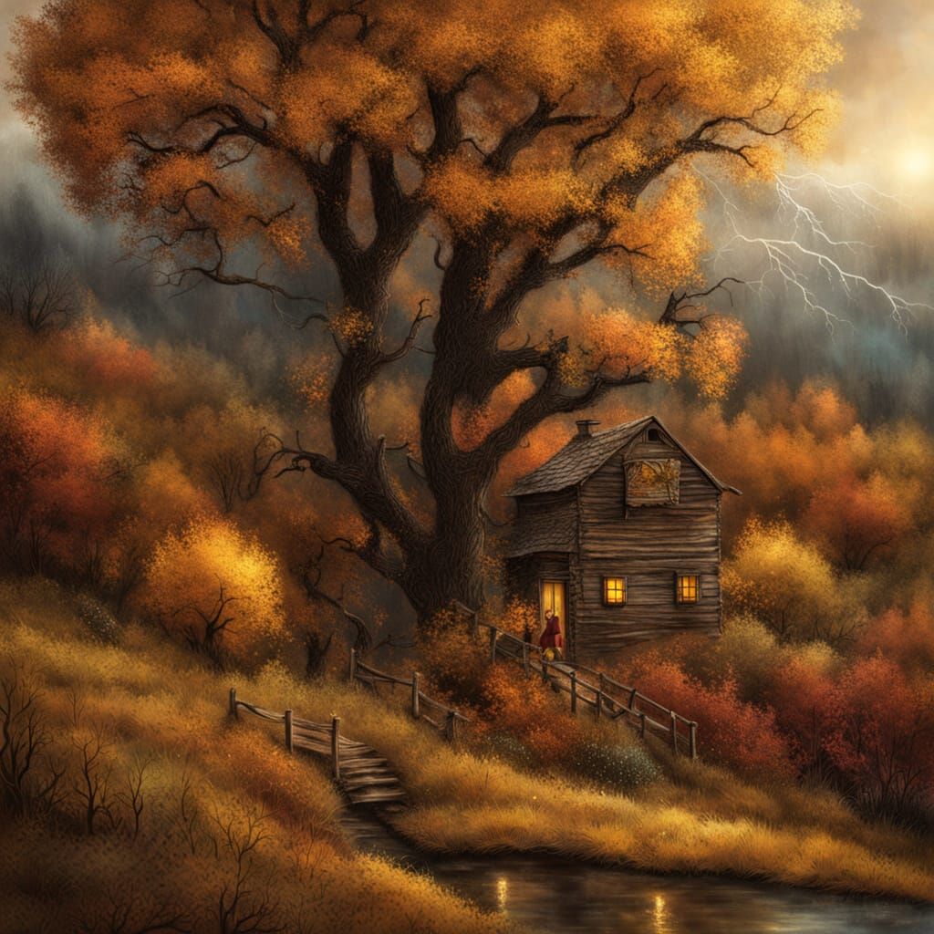 Autumn Landscape Shines in Evening Light After Rain