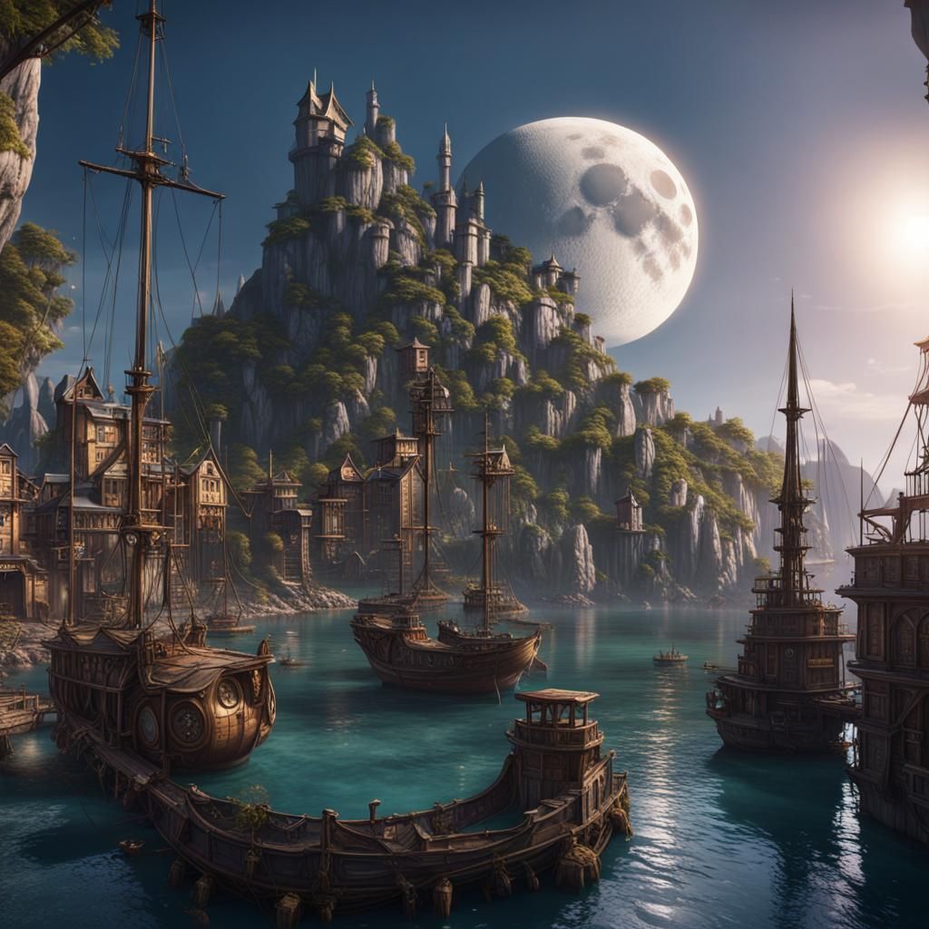 Fantastical Moon Elf Island Port City Harbor