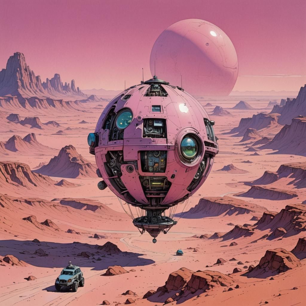 Mechanical Sphere Over Pink Desert: 1970s Sci-Fi Art