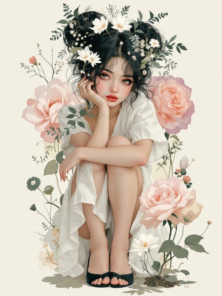 Elegant Woman in White Dress: Surreal Digital Art