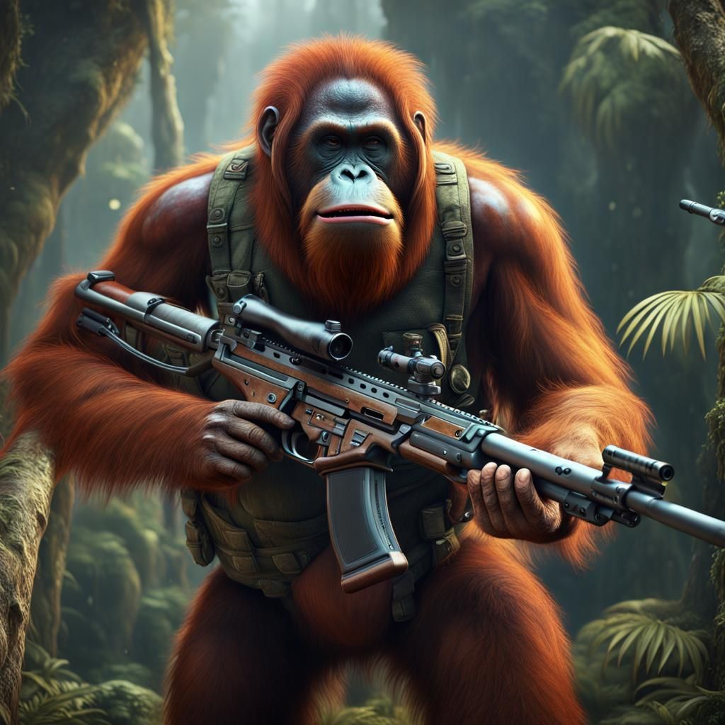 Orangutan with Rifle: Detailed Fantasy Concept Art