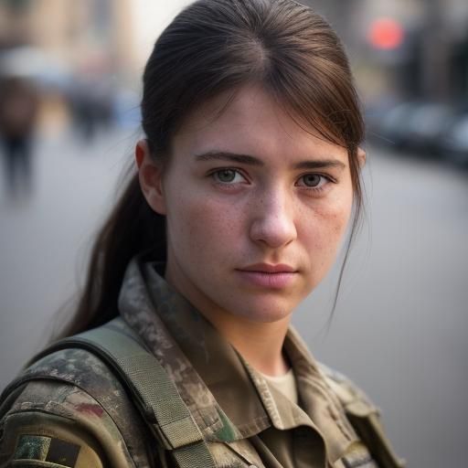 Female Soldier Portrait in Battle-Scarred City