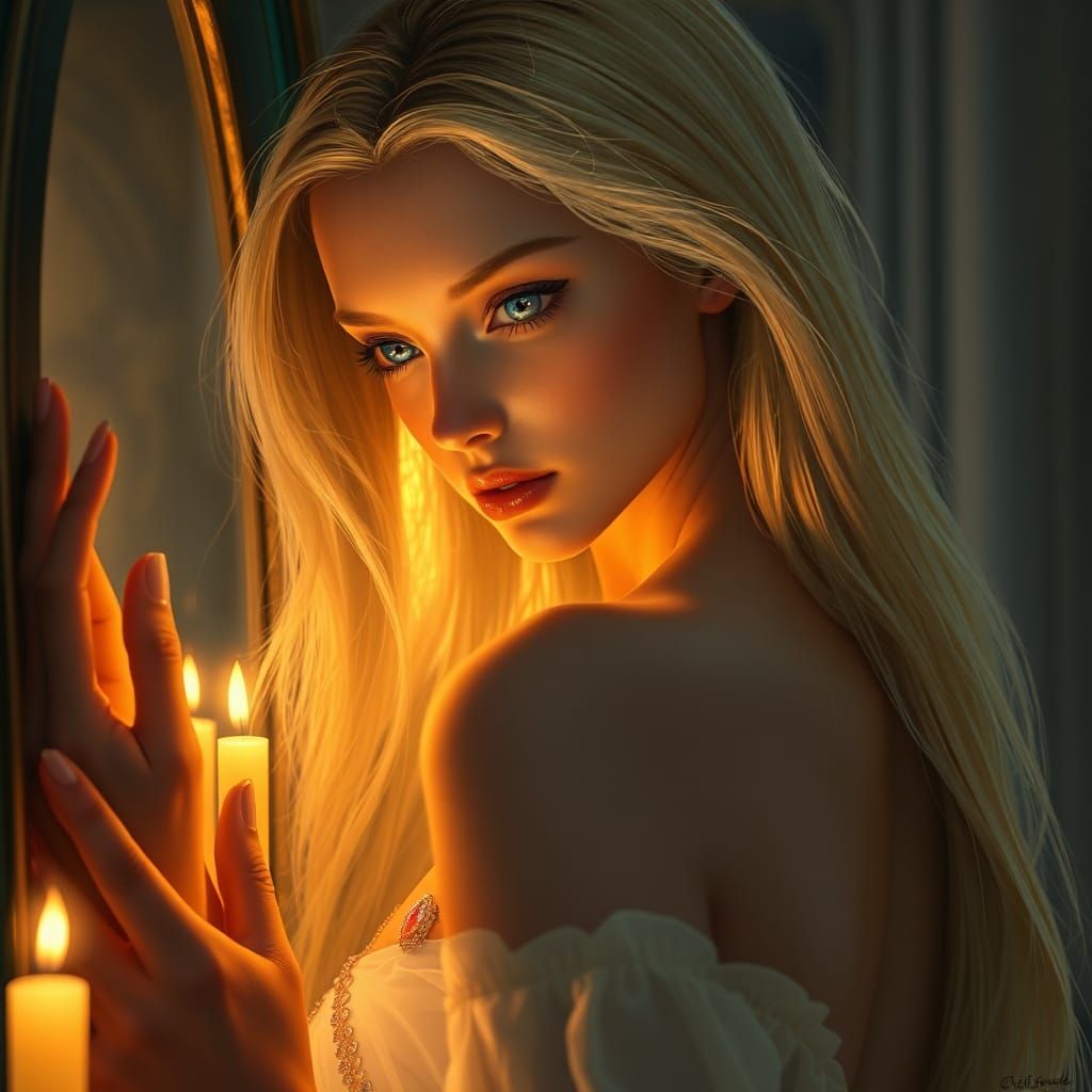 Ethereal Blonde Girl Gazing at Reflection