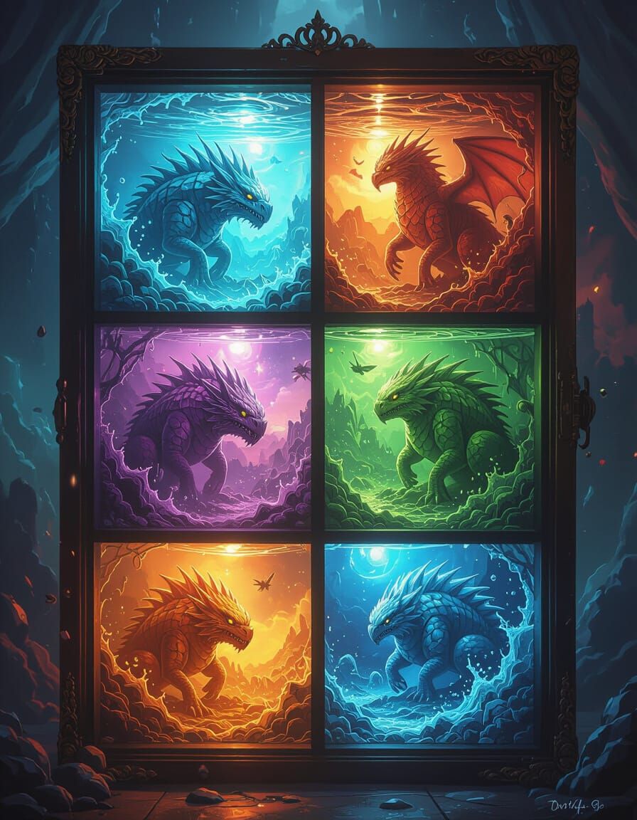 Eight Worlds and Creatures in a Detailed Glass Cabinet