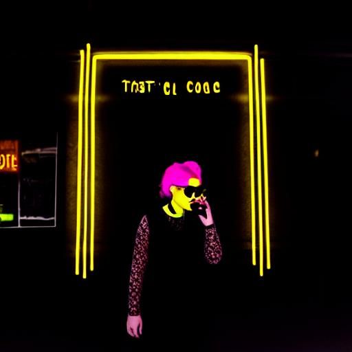 Goth Model in Neon-Lit Coffee Shop