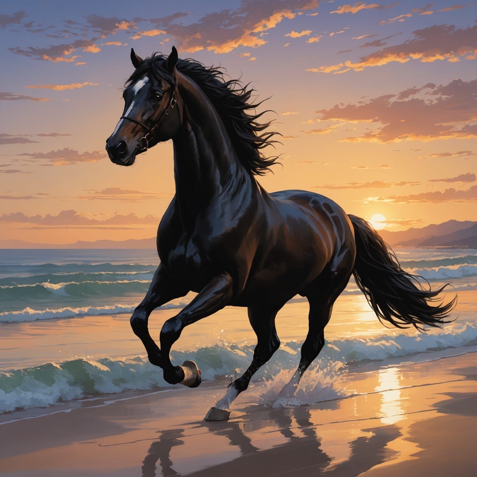 Andalusian Horse Galloping on Beach in Anime Style