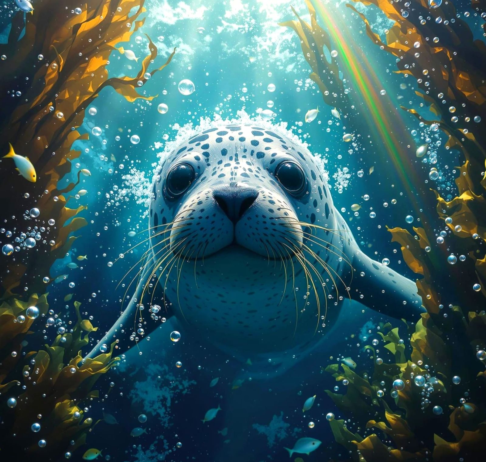 Majestic Spotted Seal Swims Through Kelp Forest
