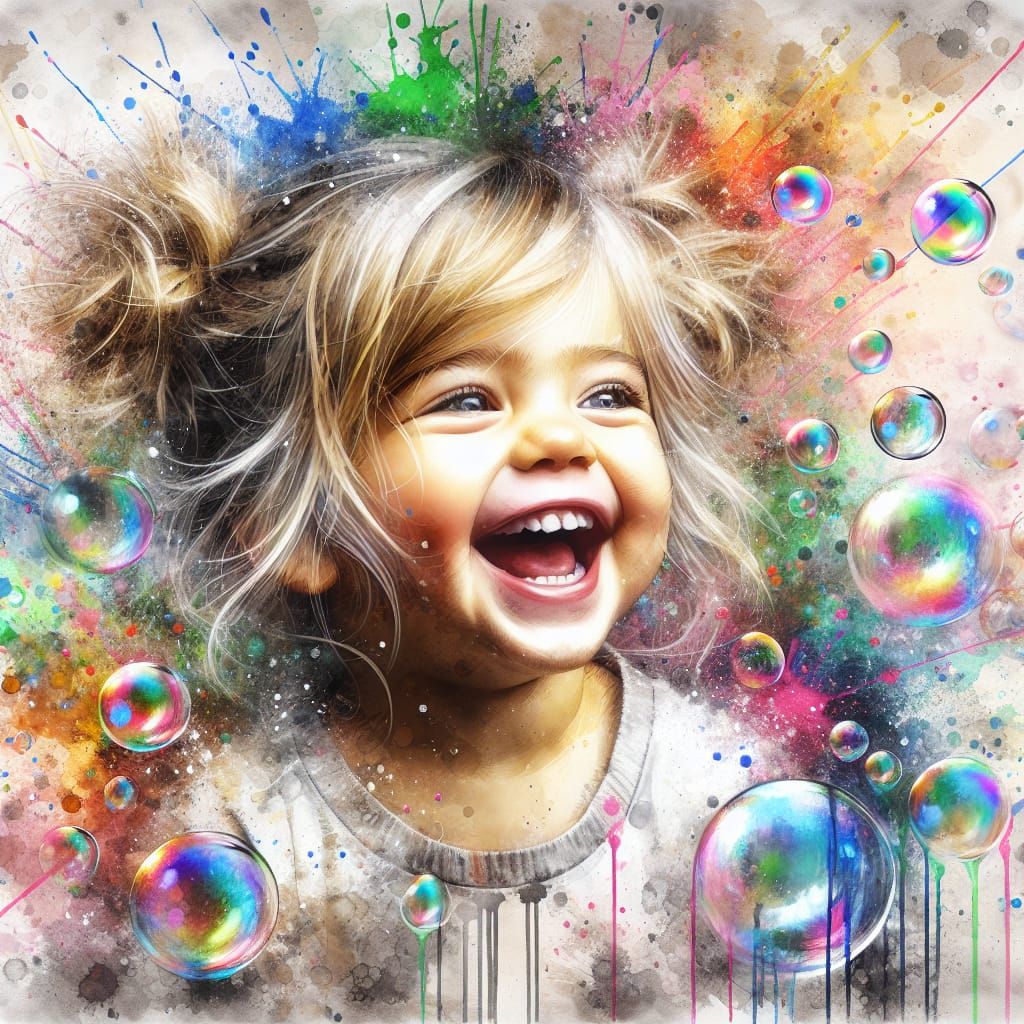 Joyous Toddler Girl Surrounded by Bubbles in Watercolor