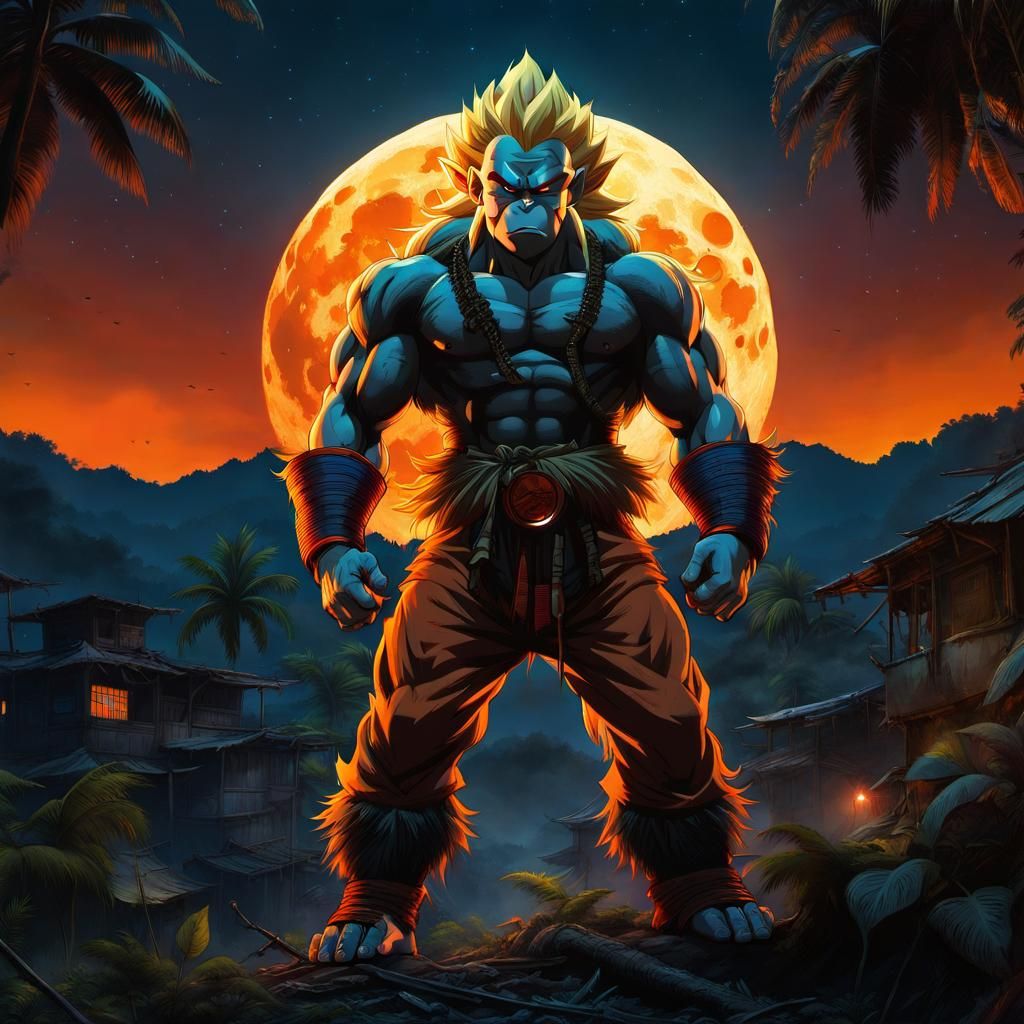 Goku as a giant ape super saiyan character in a postapocalyptic ruined jungle city with orange bloody full moon in sky |...