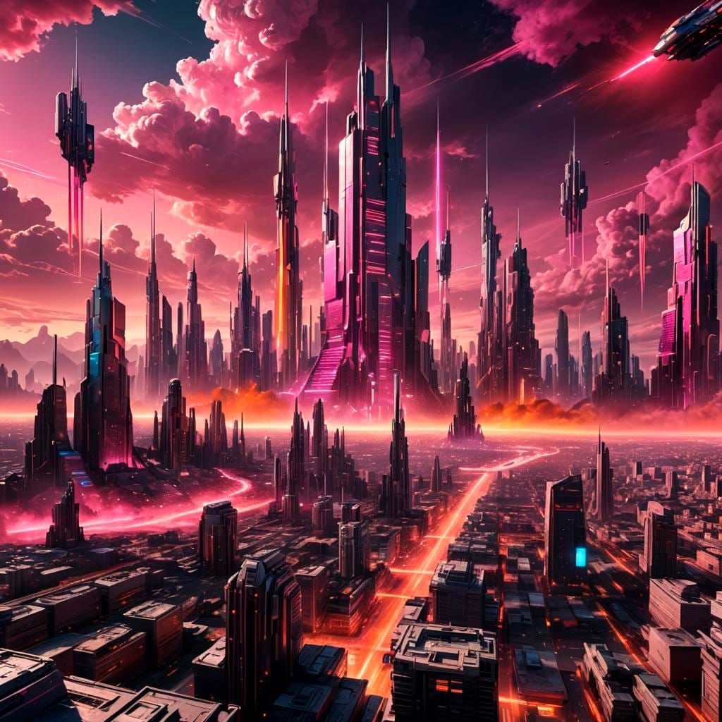 Futuristic Chrome City with Laser Sky