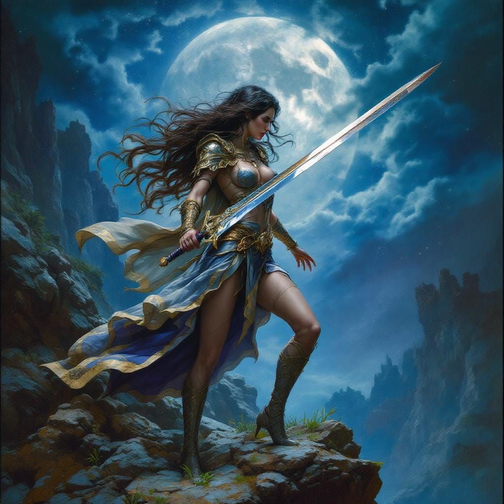 Epic Fantasy Swordswoman in Moonlight