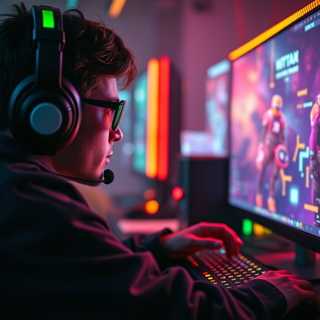 Gamer Focused on Futuristic Game, Cinematic Shot