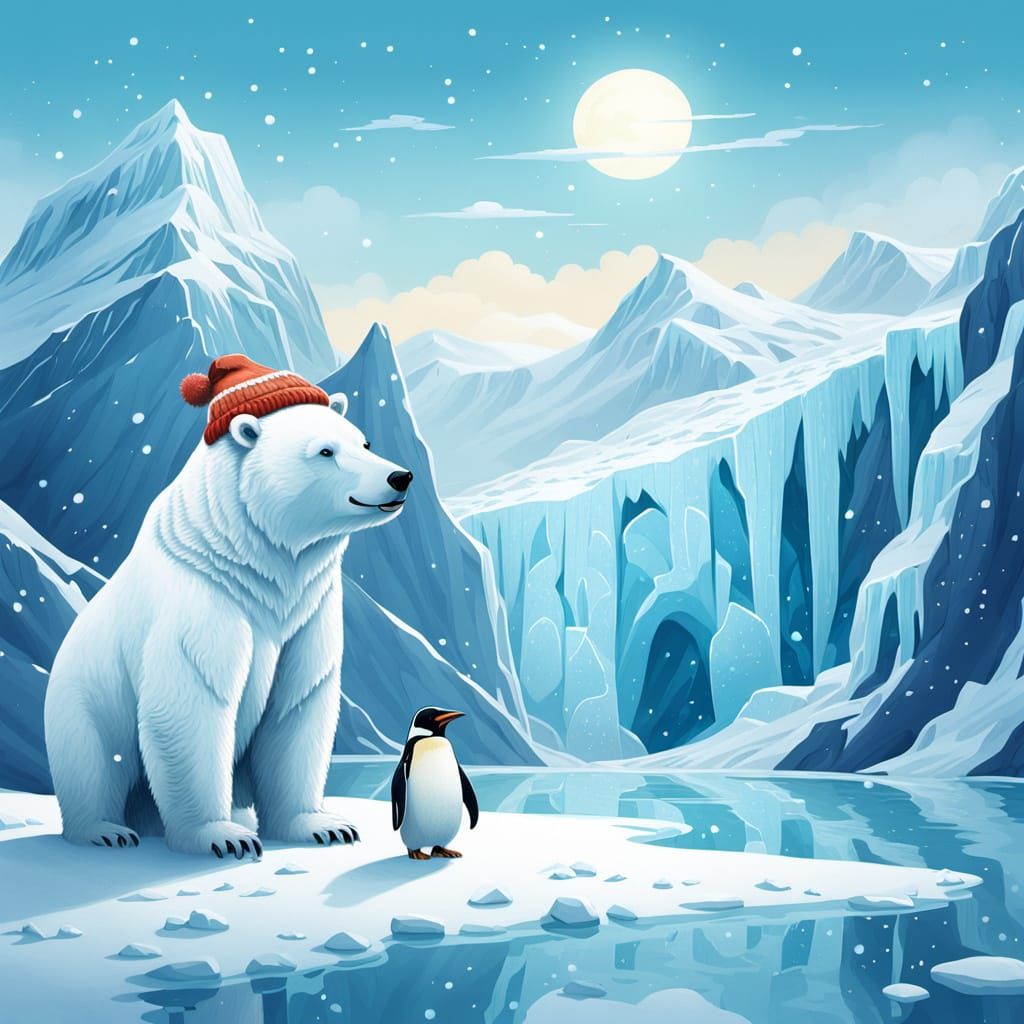 White Bear and Penguin in Winter Wonderland
