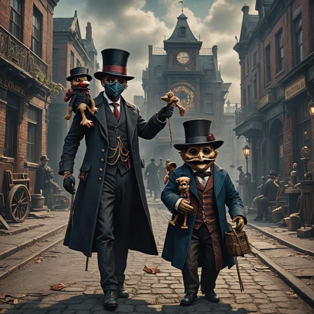 Masked Man with Puppet: Victorian Fantasy Art