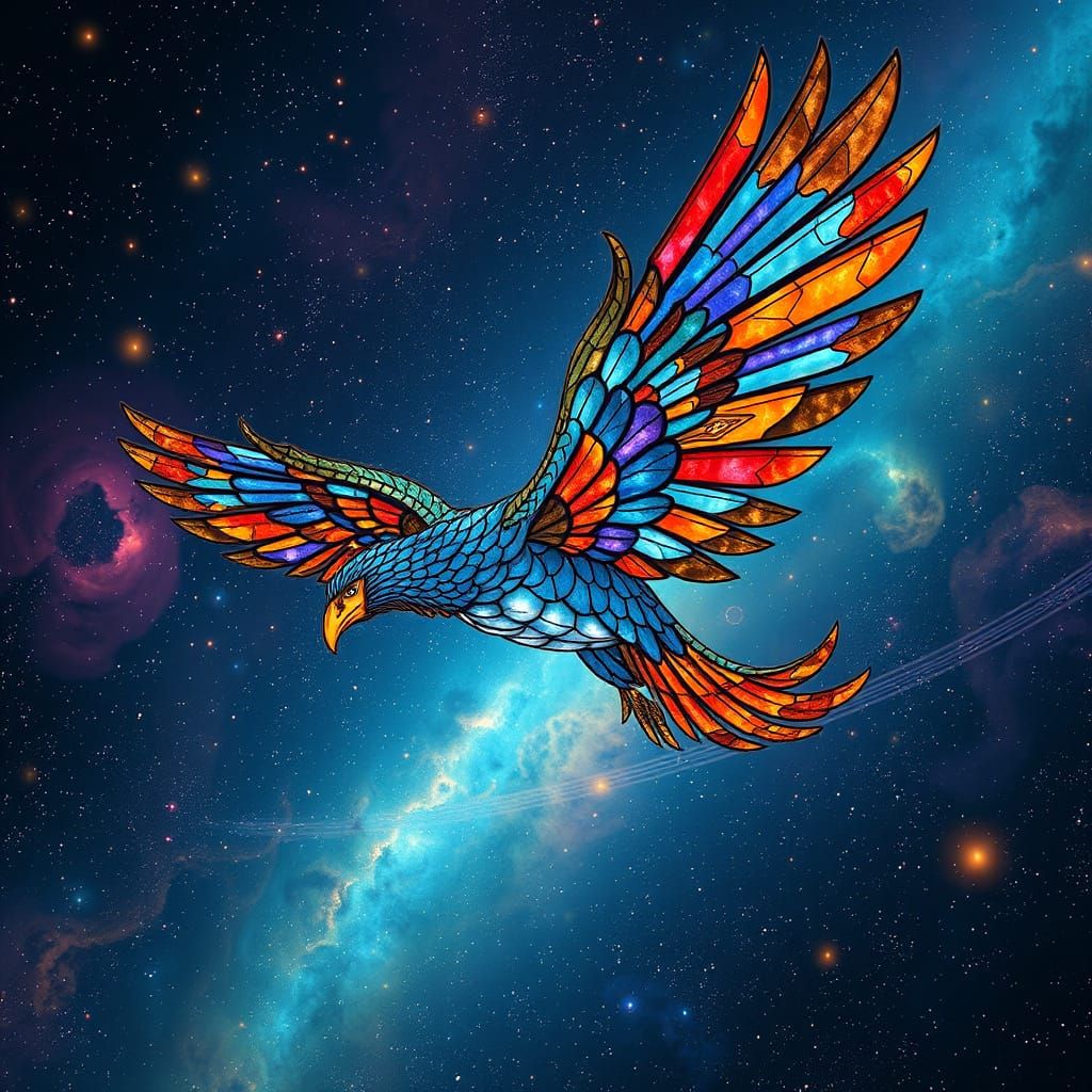 Griffin with Stained Glass Wings in Nebula Sky