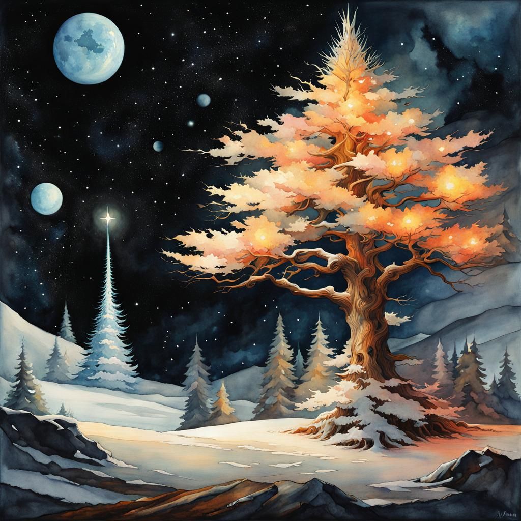 Cosmic Christmas Tree in Watercolor Sci-Fi Landscape
