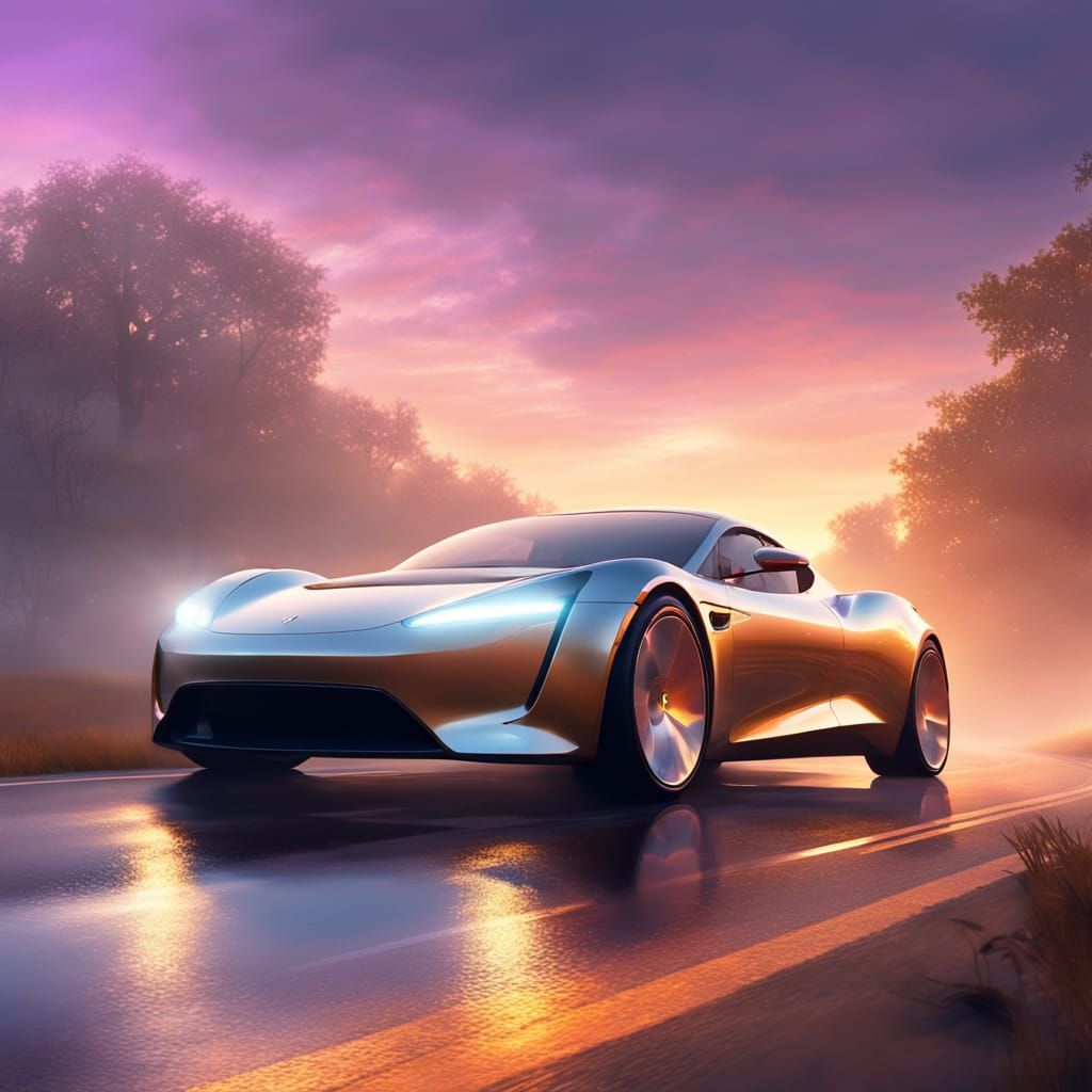 Dreamy Chrome Tesla Roadster in a Vibrant Fantasy Landscape