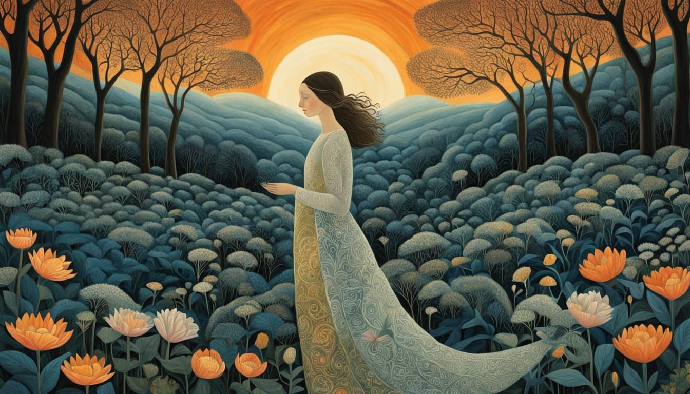 Dreamlike Art of Duality: Mystical Woman in Labyrinth of Lig...