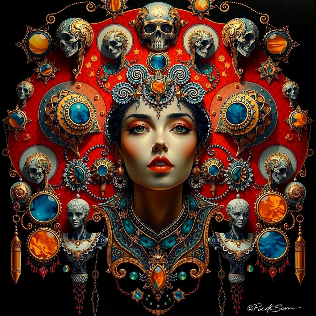 Detailed Red and Gold Fractal in Art Nouveau Style