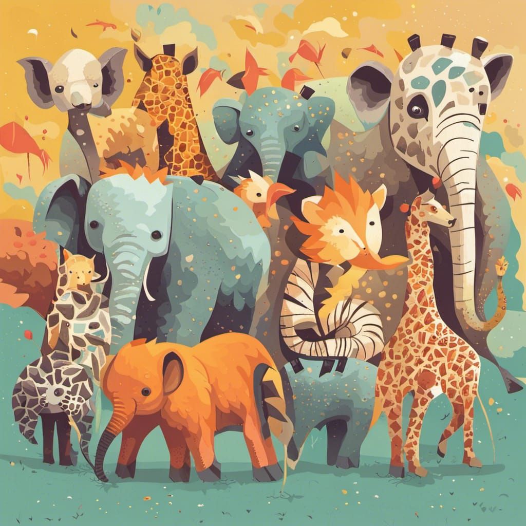 Cute Zoo Animals Parade: Abstract Art in Vivid Colors