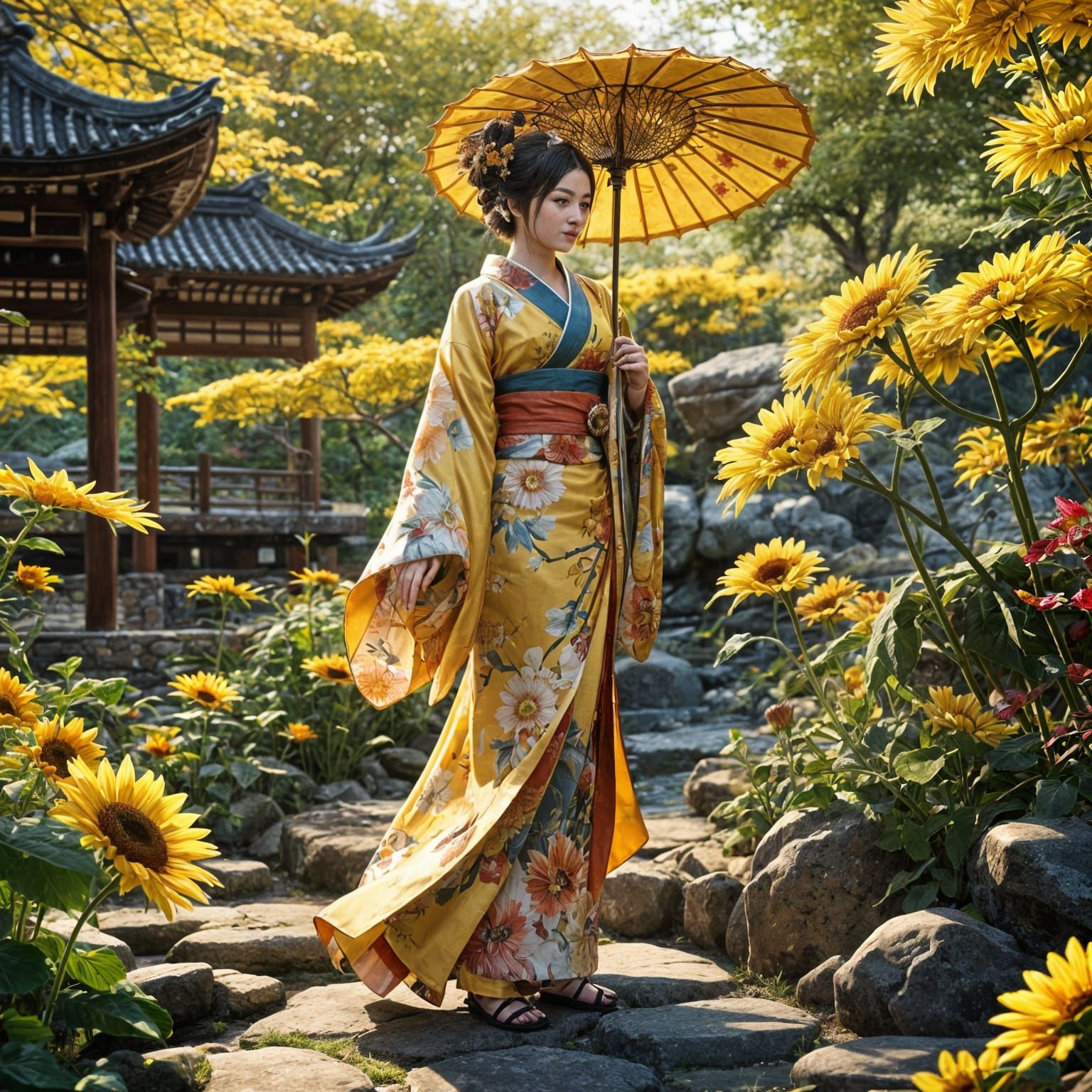 Sunflower Geisha in Japanese Garden, Anime Art