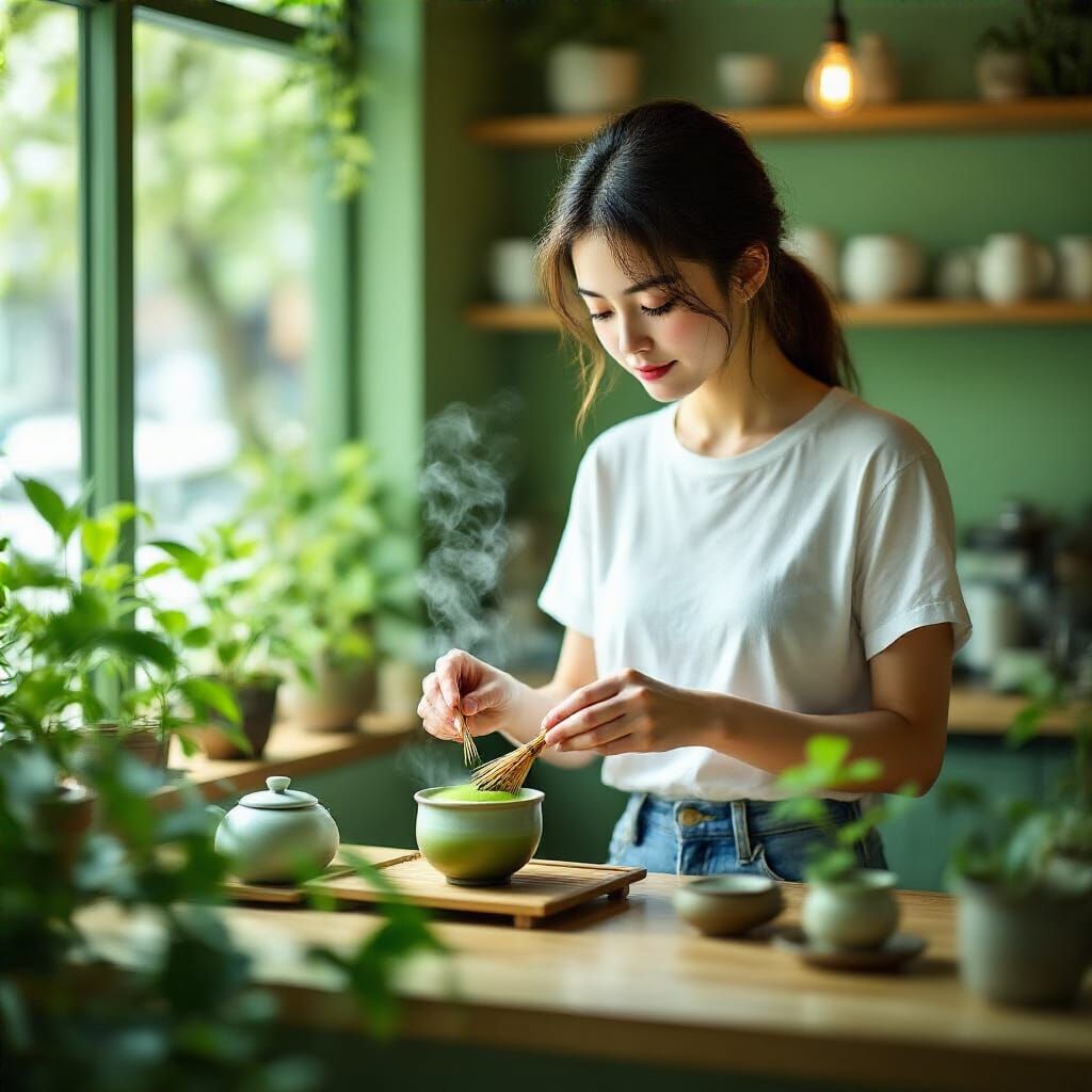 Woman Preparing Matcha in Green-Lit Shop