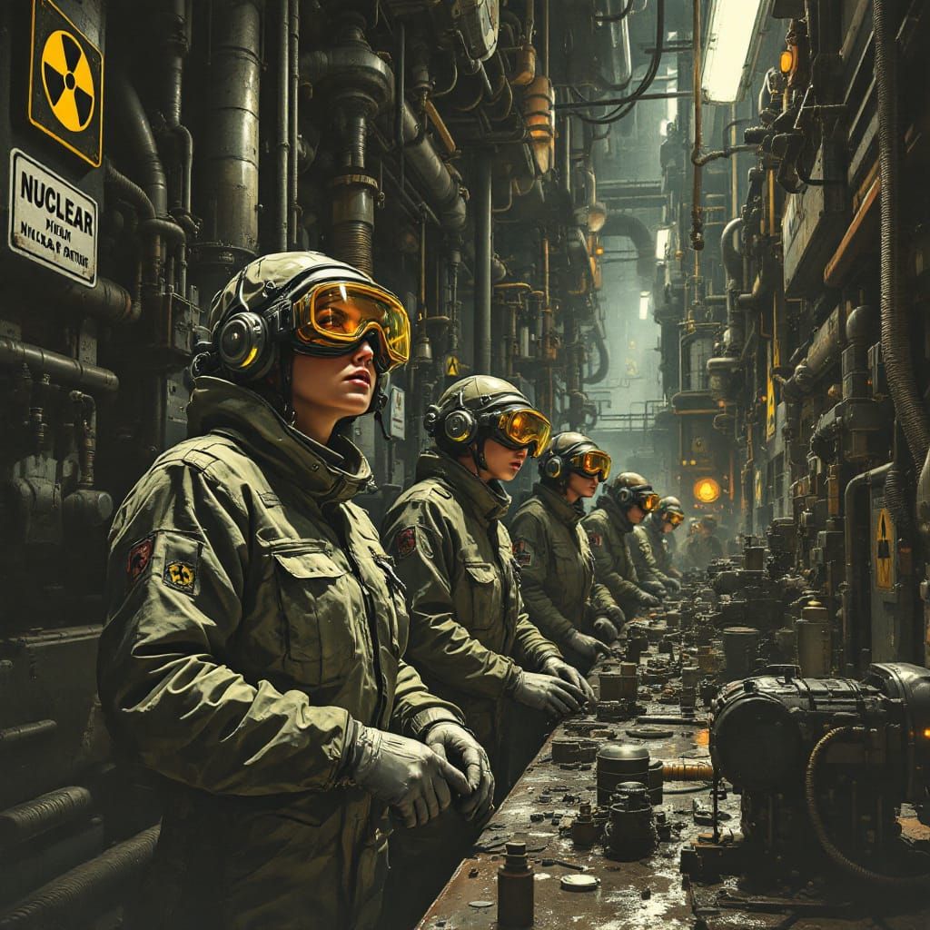 Nuclear Workers in Dystopian Industrial Setting