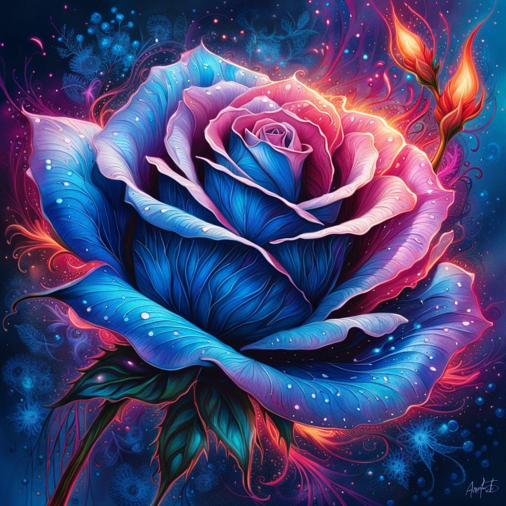 Flaming Blue Rose with Magical Sparkles