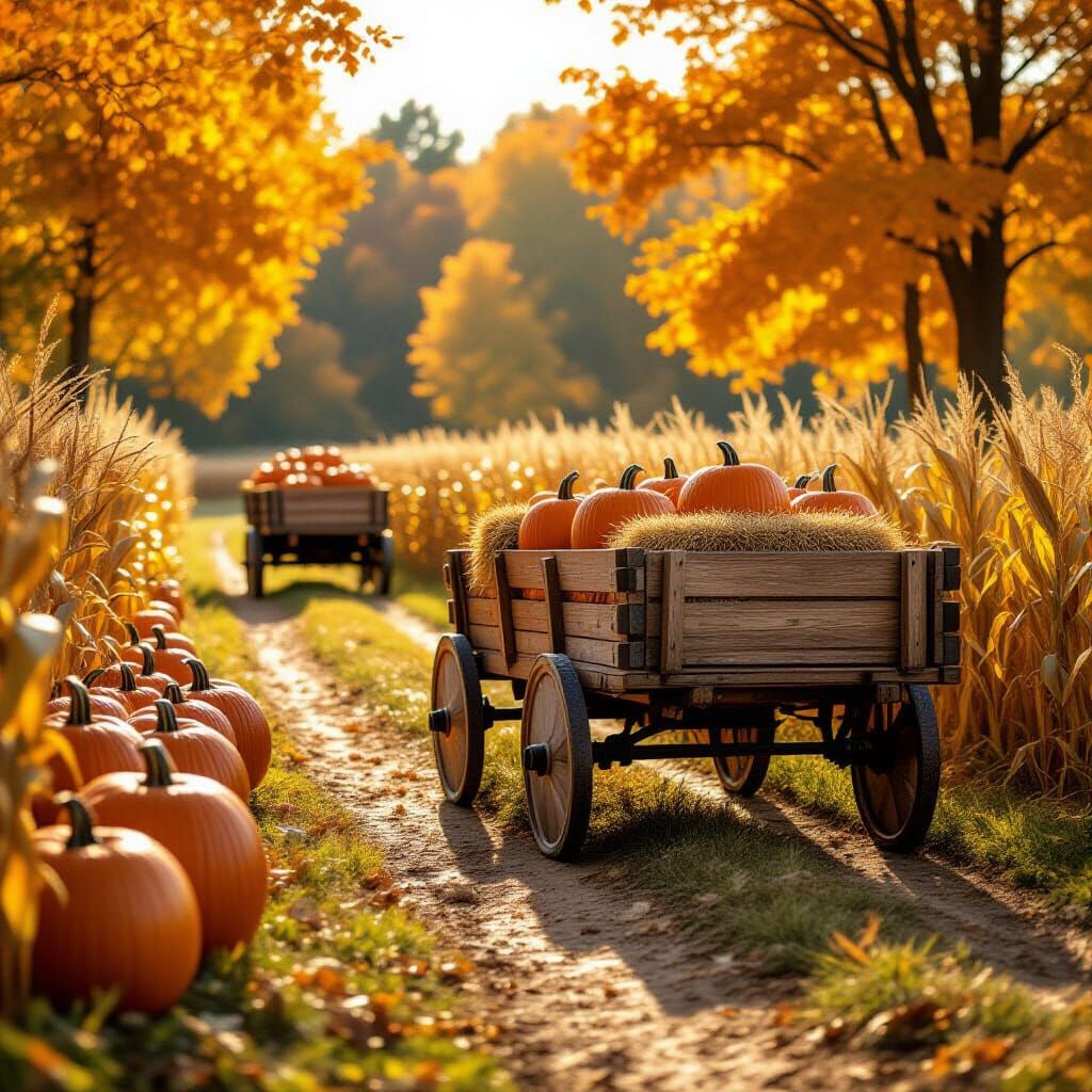 Autumn Hayride With Pumpkins and Corn, Photorealistic